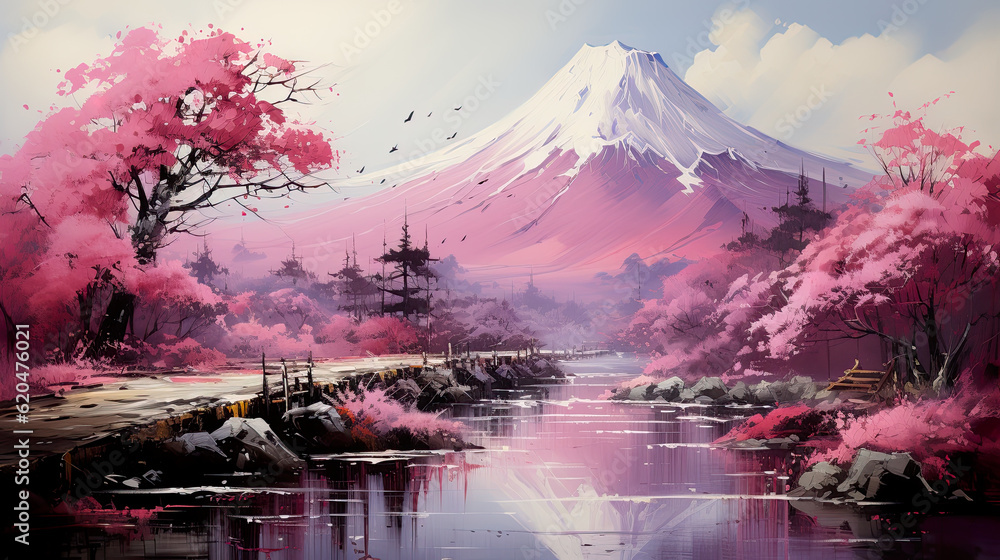 Poster a painting of a mountain with a river in front of it. generative ai.