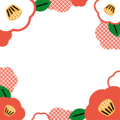 紅白ツバキと鹿の子模様のフレーム・背景素材（正方形）