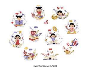 Set of illustrations summer english camp