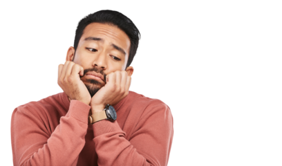 Depression, thinking and sad asian man with stress, guilt or broken heart on isolated, transparent or png background. Doubt, fear and face of guy person lonely, bored and unhappy, anxiety and pensive