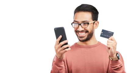 Happy asian man, phone and credit card for online shopping isolated on a transparent PNG background. Excited male person or shopper with smile on mobile smartphone for bank app, ecommerce or purchase