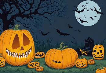 Halloween greeting card - pumpkins and a skeleton in the cemetery at night, Generative AI, Generative, AI