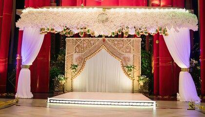 Indian wedding stage with red curtain and curtains