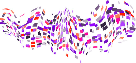 Scattered square particles ornament. Mosaic flight wind. Windy destroyed cell wall. Flight colored tiles flock direction stream.Leaf fall conditional parts single whole. Crash curved surface.