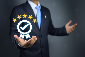 Business people hold quality assurance marks to show that their products or services are certified...