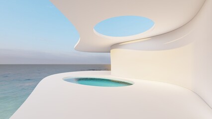 Futuristic minimalist architecture and beautiful seascape 3d render