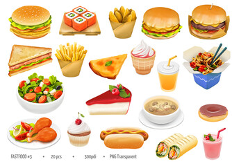 Fastfood Illustration Icons set, Fast food icon collection, Hand drawn digital graphics oil paint style icon pack