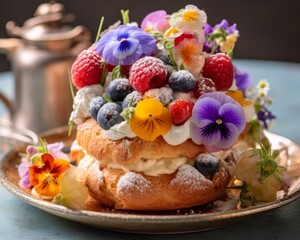 Obraz na płótnie Canvas Choux à la Crème with colorful fruit and edible flowers as garnish