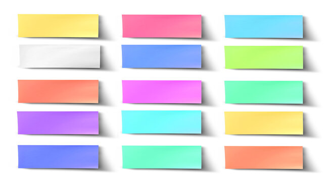 Shaded thin stripes of sticky post-it note paper with shadow . Many assorted different colours isolated on transparent background cutout. PNG file. 3D rendering	
