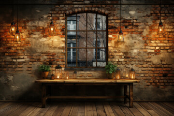 Background, loft style interior, brick wall, window and lamps. AI generative.