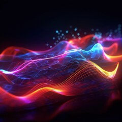 Visualization of sound waves. Abstract futuristic background with colorful glowing neon moving high speed wave lines and bokeh lights. Data transfer concept. Fantastic wallpaper. Generative AI