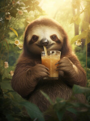 A cute sloth holding a glass of juice in the summer woods