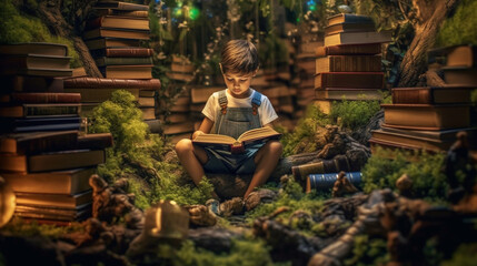 Schoolboy sitting on a pile of books in the autumn forest. Little boy sitting on a pile of books in the autumn forest. Little boy reading a book in fantasy forest. Fairy tale concept. AI generated.