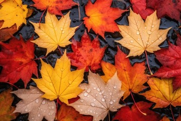 Naklejka na ściany i meble Texture of colorful maple leaves with raindrops