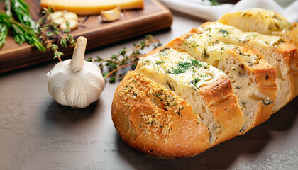 Tasty bread with garlic, cheese and herbs on kitchen table