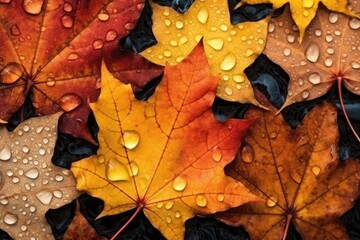 Texture of colorful maple leaves with raindrops