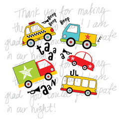 print pattern consisting of cars and texts