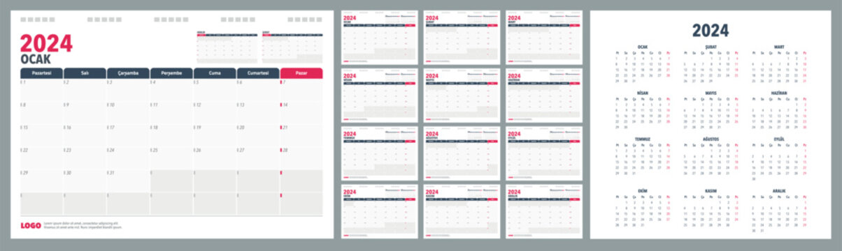Calendar Planner 2024 in Turkish language. Week start Monday, corporate design planner template