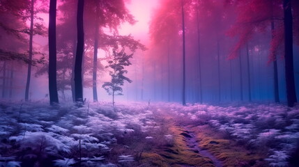 foggy forest, where the trees are covered in a thick blanket of milky fog.