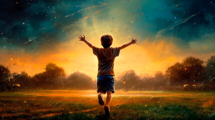 football field where a boy scores a goal, rejoicing in his success.