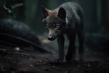 A brown and black wolf cub walking in a dark forest - Powered by Adobe