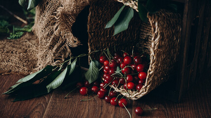 Cherries in a wicker basket on a wooden background. Organic food. Vitamins. Diet. Juicy fruits.