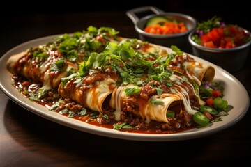 A delicious plate of enchiladas on a table. AI