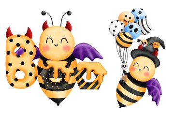 Watercolor halloween animal collection.Happy bee with purple wings,boo letters and colorful balloons.