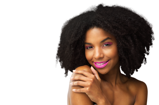 Beauty, happy and makeup with portrait of black woman on png for cosmetics, face and hairstyle. Natural, glow and skincare with female model isolated on transparent background for self care and salon