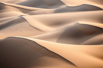 Fototapeta na wymiar Textured sand dunes in a desert, captured from an aerial or close-up perspective, showcasing the magnificent natural formations and patterns of the sandy landscape. Generative AI.