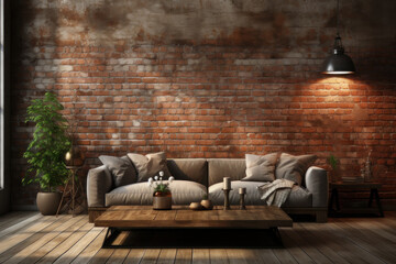 Background, loft style interior, living room. AI generative.