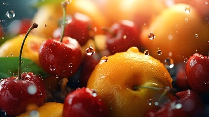Fresh tasty red and orange fruit and cherry, berry mix close up, after rain, juice splashing around, rain drops, bright sunlight, bokeh natural background, banner, AI Generated