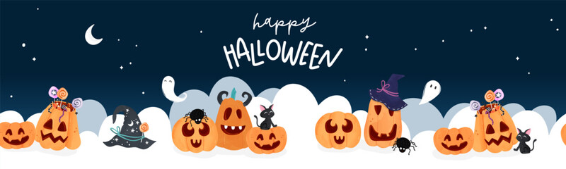 Fun hand drawn halloween horizontal pumpkin seamless pattern, cute pumpkins background, great for banners, wallpapers, textiles, cards - vector design