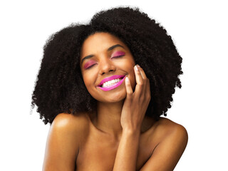 Beauty, smile and cosmetics with face of black woman on png for spa, makeup and hairstyle. Natural,...
