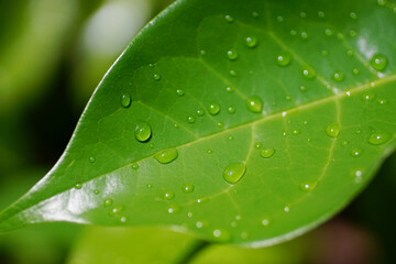Fototapeta na wymiar Droplets on green leaf, Nature background close up
