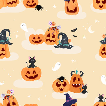 Fun hand drawn halloween pumpkin seamless pattern, cute pumpkins background, great for banners, wallpapers, textiles, cards - vector design