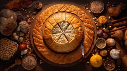 Fototapeta na wymiar Galette de Rois surrounded by various ingredients such as almonds, sugar, and pastry dough