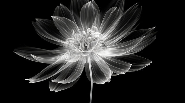 Monochrome x-ray image of a ethereal flower on black. Fantasy mystical blossom. Generative AI