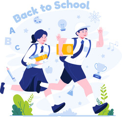 Back to School concept illustration. Children in school uniforms with backpacks running happily back to school