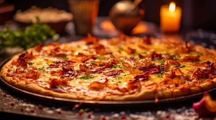 Foto op Plexiglas Tarte Flambée with its golden brown crust and vibrant toppings © bartjan