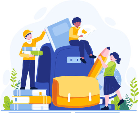 Back to School concept illustration. Students prepare school supplies and put books, pencils, and stationery into a giant backpack