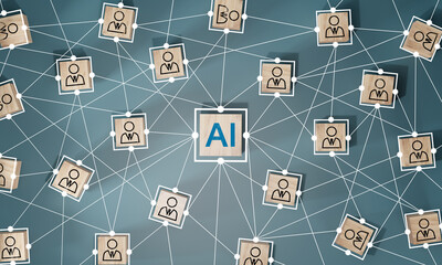 AI network with people. Wooden cube block with AI, Artificial Intelligence,System Artificial...