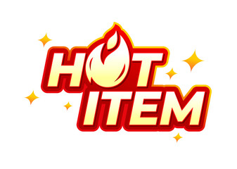 Hot item text vector with flame sign design. Typography for icon, logo, sign, seal, symbol, badge, stamp, sticker, etc.