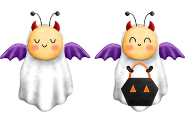 Watercolor little bees ghost set.Cute halloween animal with red horns and purple wings in white robes and holding a blacklantern.