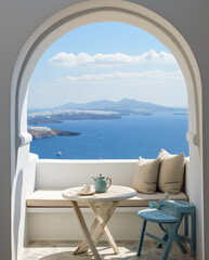 view from holiday accommodation on greek island, travel vacation summer getaway - AI generative