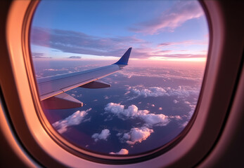 view from window seat on commercial airliner at sunset - ai generative