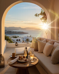 Greece villa view over ocean greek islands with sundowner drinks mediterranean seaside holiday - ai generative