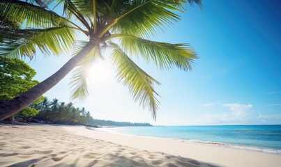 Fototapeta na wymiar sunlight filtering through palm fronds on tropical beach with white sand, tropical island holiday destination - ai generative