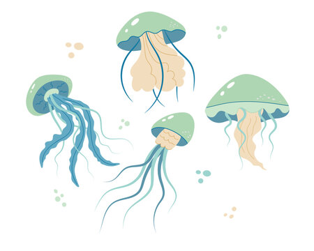 Jellyfish cartoony flat decoration set. Hand-drawn poisonous medusa collection, marine oceanic inhabitants, simple nautical character design. Isolated. Vector illustration.
