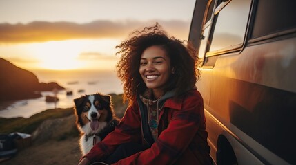 Sea and mountain view background. beautiful smile of tourist woman. she's traveling with dog. they...